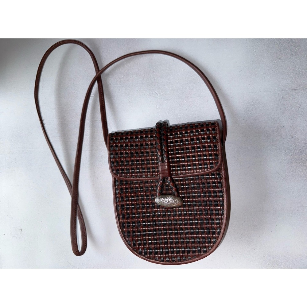 Brighton One World Purse Crossbody Woven Black Brown Leather Silver Clasp Small